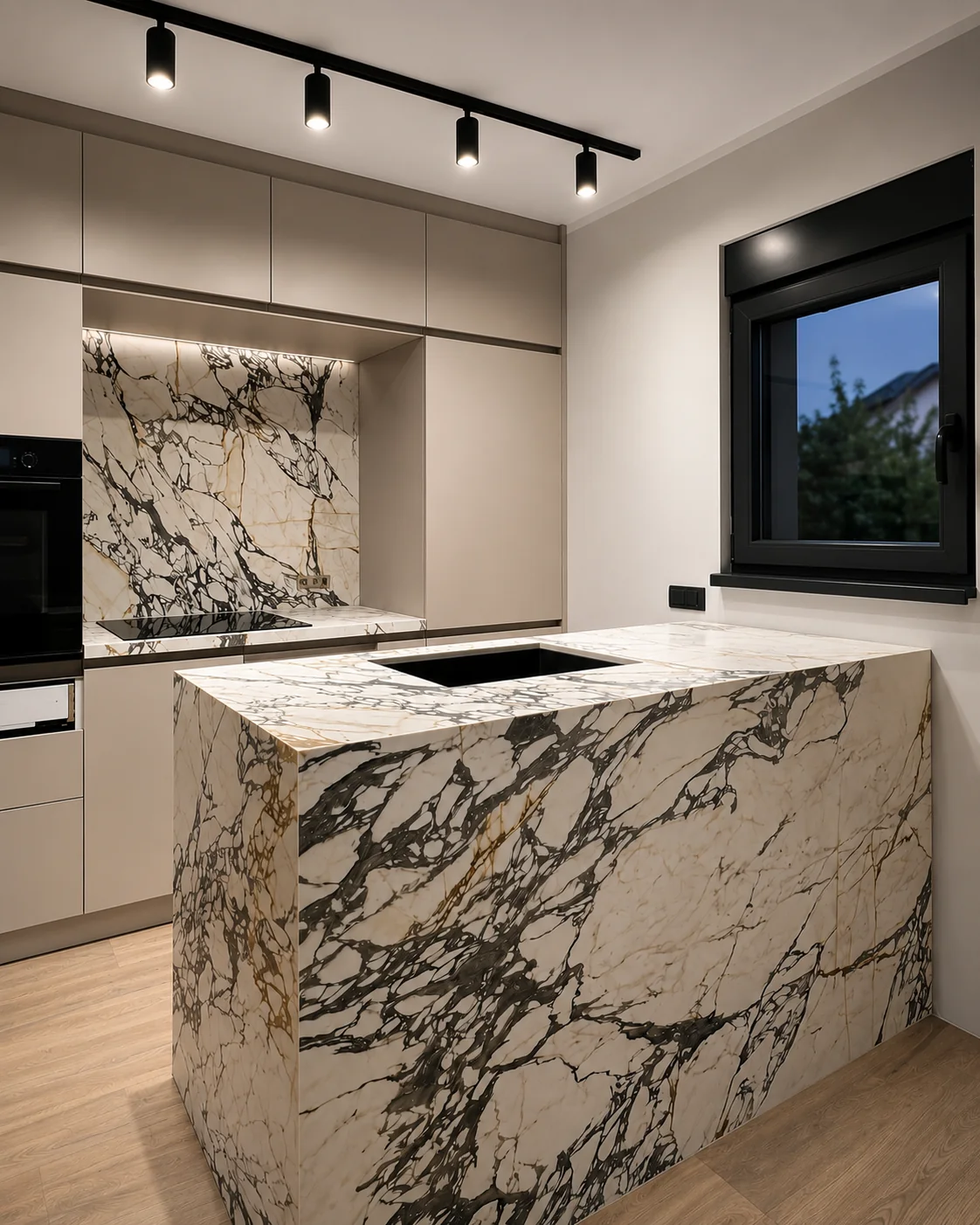 Premium porcelansko kuhinjsko ostrvo Arabescato sa oblogom po meri – GRANIT TRADE AGK