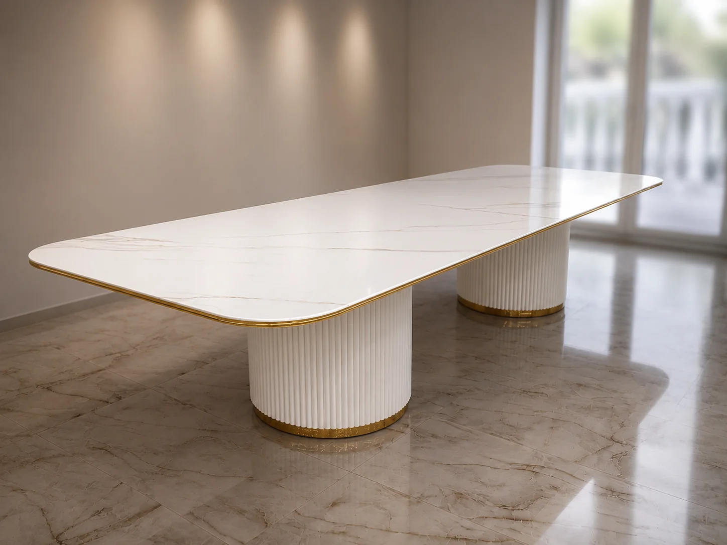 Premium trpezarijski sto sa porcelanskom pločom i dekorativnim postoljima