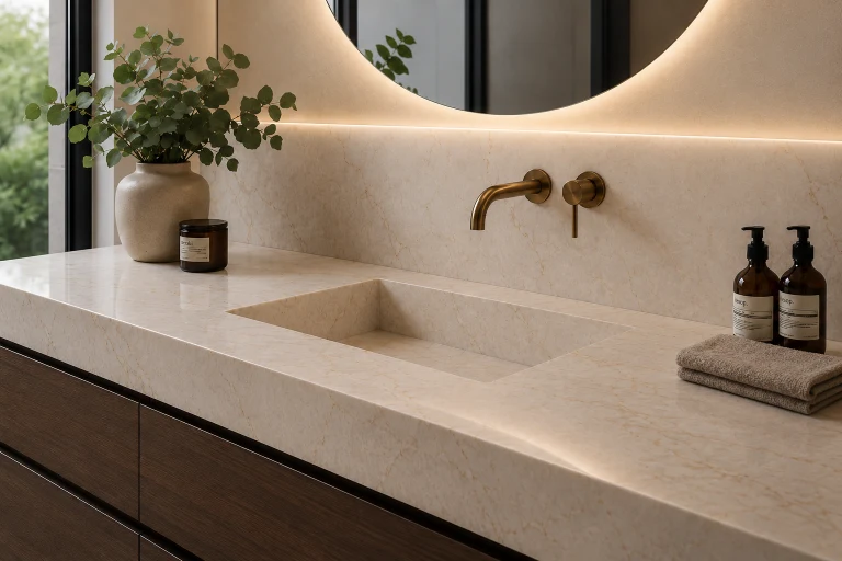 Porcelanska ploča i integrisani lavabo u kupatilu